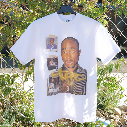 White t-shirt with graphic design of a Tupac and polaroid photos, hanging against a natural background.
