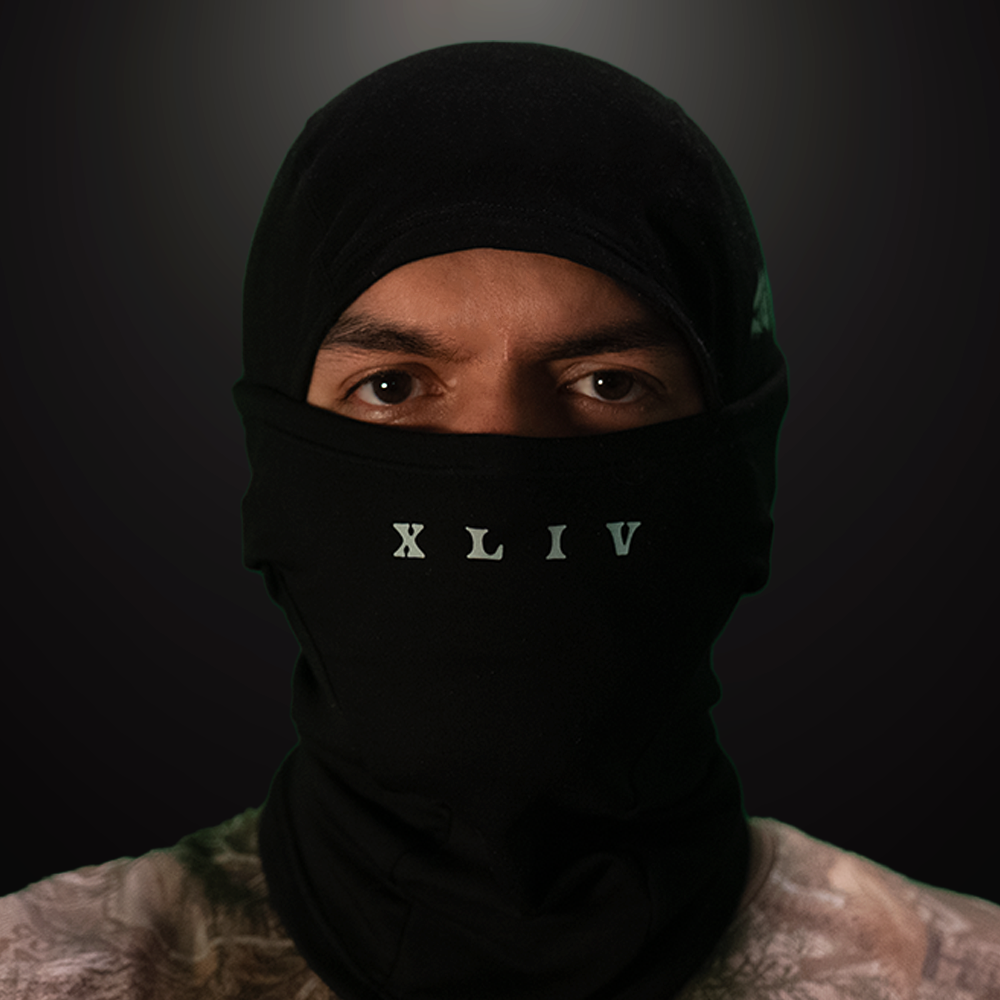 the XLIV sheisty mask from the front side view. An "XLIV" displayed on the middle nose area